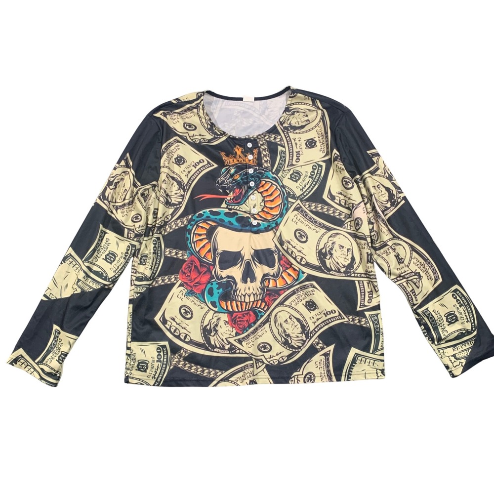 Mens XXXL Money Skull Snake Graphic Long Sleeve Shirt Black Green Streetwear
